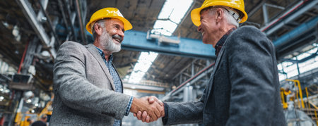 Experienced engineer and manager wearing safety helmet handshake in industrial factory, conveying collaboration and achievementの素材