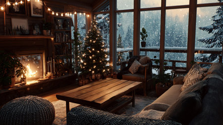 Cozy living room with lit fireplace, decorated Christmas tree, warm string lights, snowy forest view, wooden cabin interior, soft textilesの素材