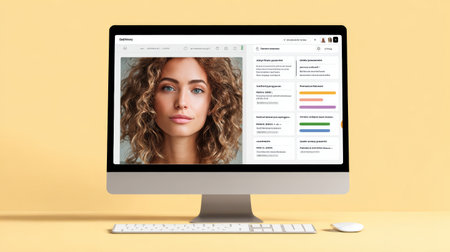 Portrait of woman on computer screen with workspace dashboard and keyboard on yellow desk, calm professional moodの素材