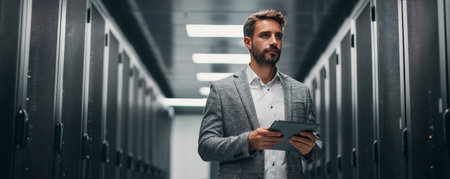 Man in suit holding tablet in data center aisle with server racks and overhead lights, professional technician focused on network infrastructureの素材
