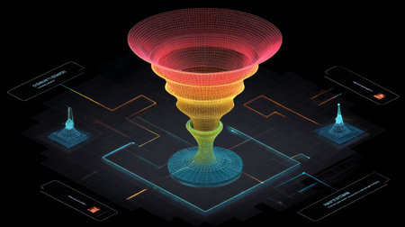 Neon funnel data visualization with glowing circuit paths and futuristic interface, dynamic gradient and analytical moodの素材