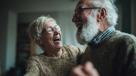 Elderly couple laughing together at home, joyful senior woman and man embrace and share warm momentの素材