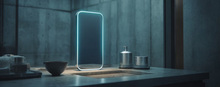 Neon mirror on bathroom counter with bowl, soap dispenser and concrete wall creating moody modern atmosphereの素材