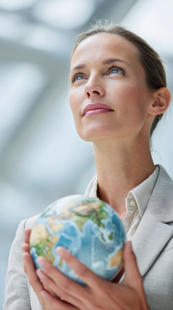 Confident woman globe earth blue eyes visionary future leadership inspirationの素材