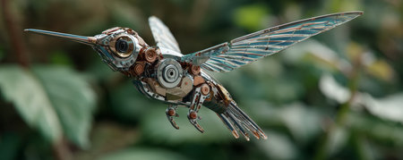 Metal hummingbird sculpture with mechanical parts and delicate wings in natural garden setting, serene moodの素材