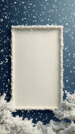 Snowy blank paper frame with falling snowflakes and frosted pine branches creating cozy winter holiday moodの素材