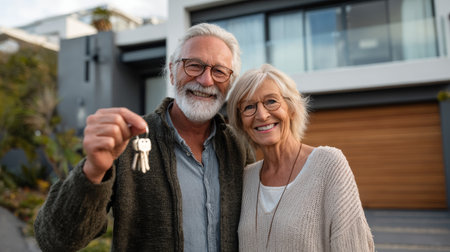 Happy senior couple new home keys, smiling homeowners outdoor portrait, modern house background, daylight, joyful lifestyleの素材