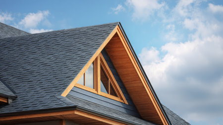 Modern roof gable triangle window wood trim slate shingle blue sky daylight clean line with calm moodの素材