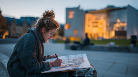 Artist sketching outdoors urban sketch evening light cityscape architecture pencil drawing street scene creative focus casual womanの素材