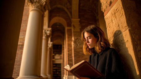 Young woman reading, warm sunset light, historic architecture, arch corridor, stone column, quiet studyの素材