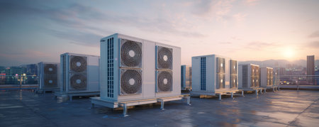 Rooftop HVAC unit industrial air conditioner ventilation system metal housing cooling equipment urban skyline sunset light clean designの素材