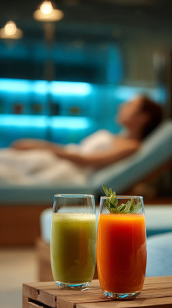 Green smoothie orange juice mint garnish spa relaxing wellness detox beverage glass towelの素材