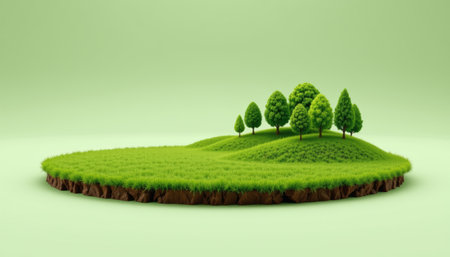 Floating island green meadow grassy landscape small forest rolling hill minimal scene soft light eco concept filled with calm charmの素材