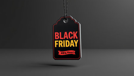 Black Friday sale tag discount promotion label hanging black yellow red minimal modern dramatic excitementの素材