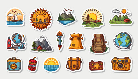 Sailing boat travel badge mountain landscape hiking backpack camping gear globe compass camera sunset adventure vibes, playful moodの素材