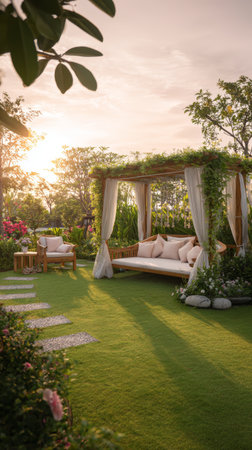 Garden gazebo outdoor lounge sunset light lush greenery white curtain wooden pergola stone path artificial grass cozy cushions tranquil moodの素材