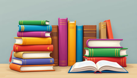 Colorful book stack hardcover textbook study education library school learning literature reading shelf classroom academic knowledge paper coverの素材