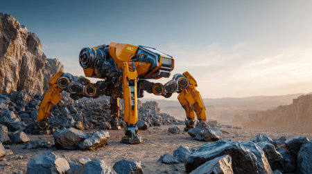 Futuristic robot yellow mech four leg machine rocky desert sci fi landscape sunrise light exploration autonomous heavy metal rugged terrain withの素材