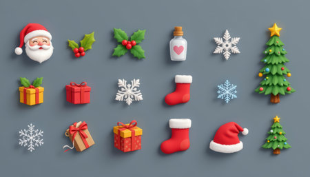 Santa hat holly gift present stocking snowflake Christmas tree festive winter holiday cheer fill flat lay of cute Christmas icons gray backgroundの素材