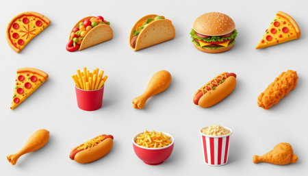 Pizza slice taco burger french fry hot dog fried chicken popcorn noodle bowl fast food snackの素材