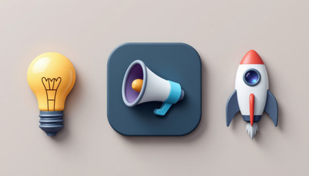 Light bulb megaphone app icon rocket startup marketing innovation launch creative minimal 3d illustration business idea concept announcementの素材