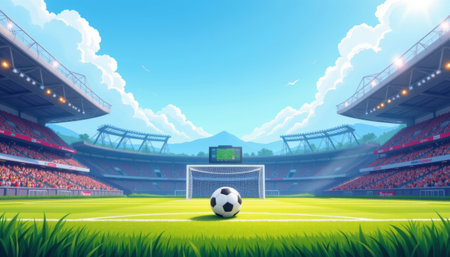 Soccer ball goal stadium grass field sunlight blue sky clouds energy soccer ball goal stadium grass field sunlight blue skyの素材