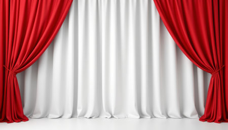 Red curtain stage theater drape fabric white backdrop elegant classic performance interior design open red curtain framing soft white backdropの素材
