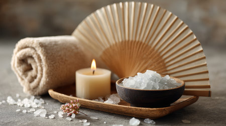 Spa decor wellness relaxation candle towel sea salt wooden tray zen calm aromatherapy soothe senses with gentle light and natural textureの素材