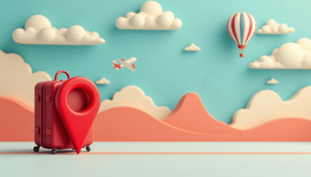 Travel pin suitcase location vacation journey wanderlust adventure playful skyの素材