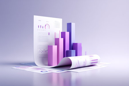 Data analytics business report bar chart infographic purple gradient pastel color minimal design financial graph paper document modern officeの素材