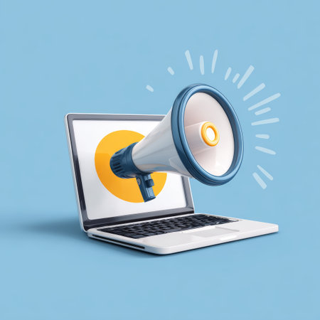 Digital marketing online promotion social media announcement notification laptop megaphone communication advertising blue background technologyの素材