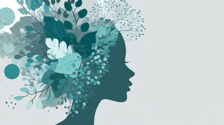 Floral profile silhouette botanical collage teal foliage nature art female portrait minimalist design dreamy mood elegant style soft textureの素材