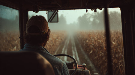 Farmer tractor cornfield harvest autumn foggy rural sunrise muddy agriculture Quiet dawn drive through foggy cornfield tractor, autumn harvestの素材