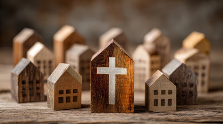 Wooden house cross church faith community rustic religion village worship symbol. Wooden house with cross stands among small houses rustic woodの素材