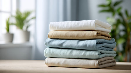 Folded towel stack cotton fabric neutral color soft texture home bathroom clean laundry spa vibe natural light cozy calm moodの素材