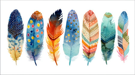 Colorful feather watercolor boho pattern tribal motif hand painted decorative vibrant blue orange teal pastel cheerful vibe and artistic charmの素材