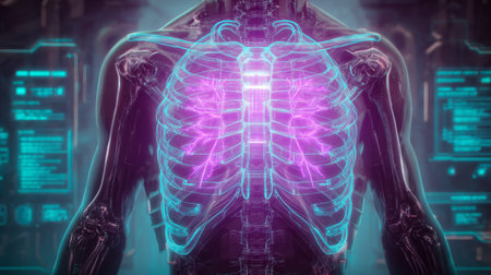 Hologram chest anatomy rib cage lungs medical scan neon cyberpunk futuristic technology sci fi diagnostics glow immersive detailの素材