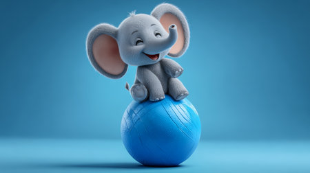 Cute baby elephant blue ball smiling cartoon fluffy texture big ears playful pose joyful mood blue background children illustration nursery artの素材