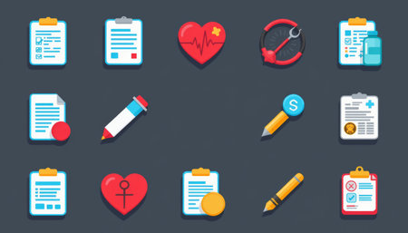 Medical icon set health clipboard form heart heartbeat stethoscope pill pencil coin insurance document calmの素材