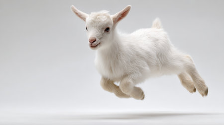 Playful baby goat white kid jumping midair leap studio isolated motion agriculture livestock fluffy fur joyful energy in clean minimal sceneの素材