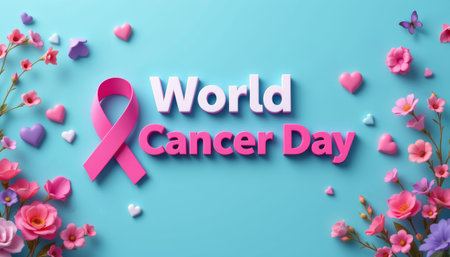 World cancer day pink ribbon cancer awareness health support charity hope floral heart blue background typography filled with compassion and unityの素材