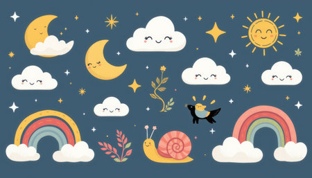 Cute cloud smiling moon happy sun rainbow star night sky kawaii whimsical pastel nursery art bring gentle joy and calm bedtime charmの素材