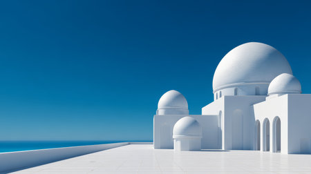 White dome blue sky coastal architecture minimal design Mediterranean style sunny day sea view white building arch terraceの素材
