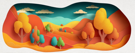Autumn landscape paper art colorful hills layered cutout textured paper vibrant trees rolling valley blue sky fluffy clouds whimsical sceneの素材