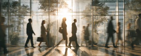 Business crowd silhouette motion blur sunrise office lobby glass urban commuters teamwork productivity corporateの素材