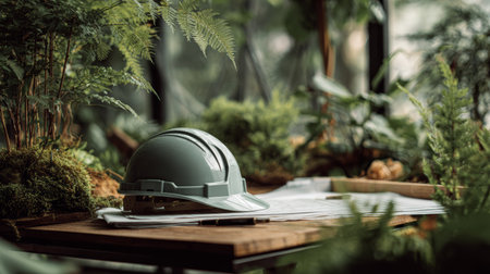 Green hard hat blueprint wooden table indoor garden fern moss sunlight sustainable design architecture eco friendly construction safety helmetの素材