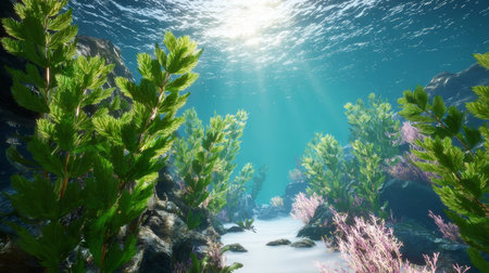 Underwater kelp forest sun rays clear water marine life ocean floor seaweed vibrant serene scene with rocky reef and soft sand pathの素材