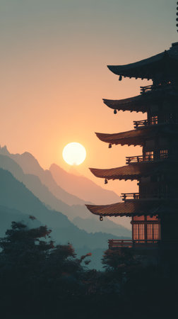 Sunset pagoda mountains silhouette temple dusk tranquil serenity travel landscape grace horizon with peaceful lightの素材