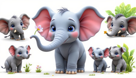 Cute elephant baby elephant cartoon animal wildlife jungle nature grey pink ear flowerの素材