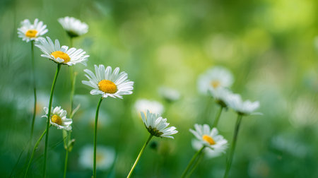 Daisy wildflower meadow spring green bloom nature sunlight soft focus tranquil field of white daisy lush meadow warm sunlight, gentle and calmの素材